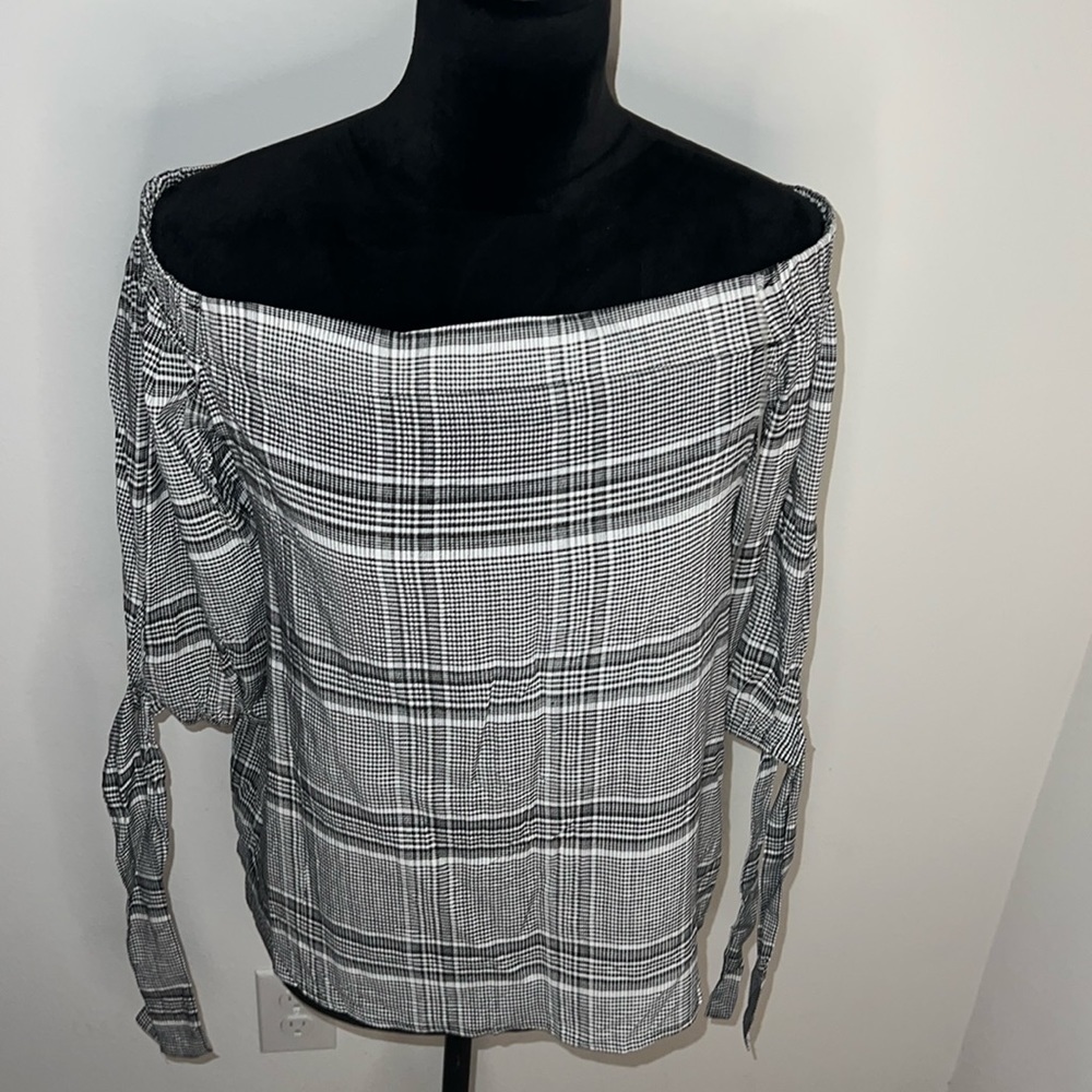Polly Esther plaid off the shoulder black white tie shirt sleeves  top blouse XL